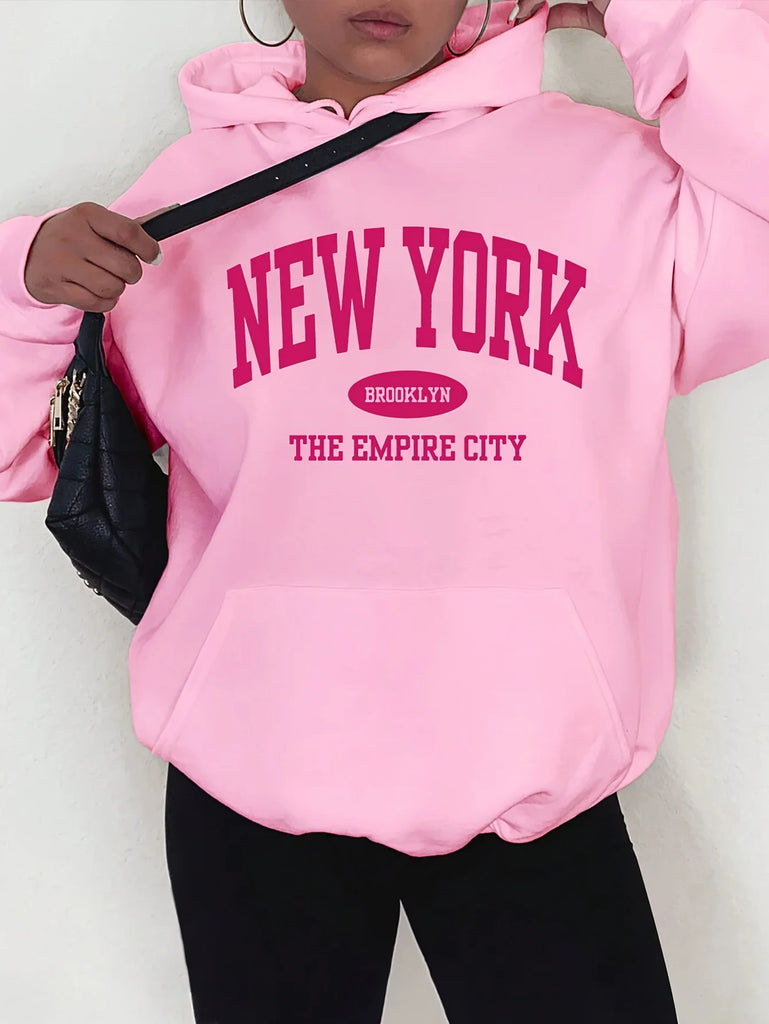 New York Print Hoodie for Women Casual Pullover with Pocket