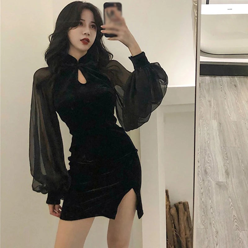 Velvet Qipao Dress With Lantern Sleeves Side Split Mini