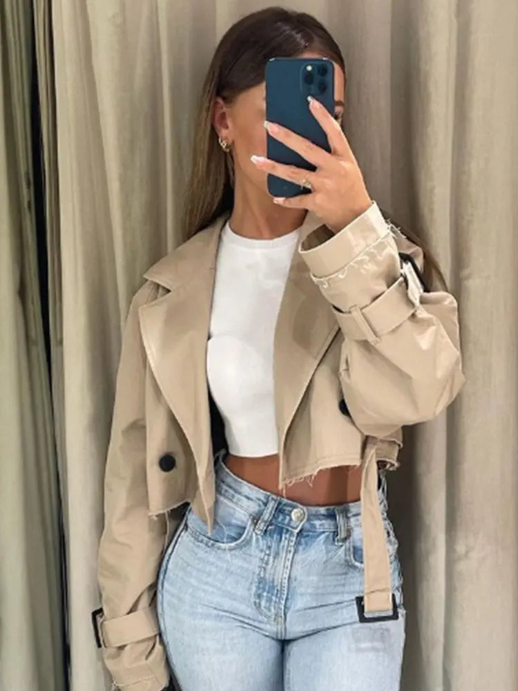 Cropped Belted Trench Coat for Women Double Breasted