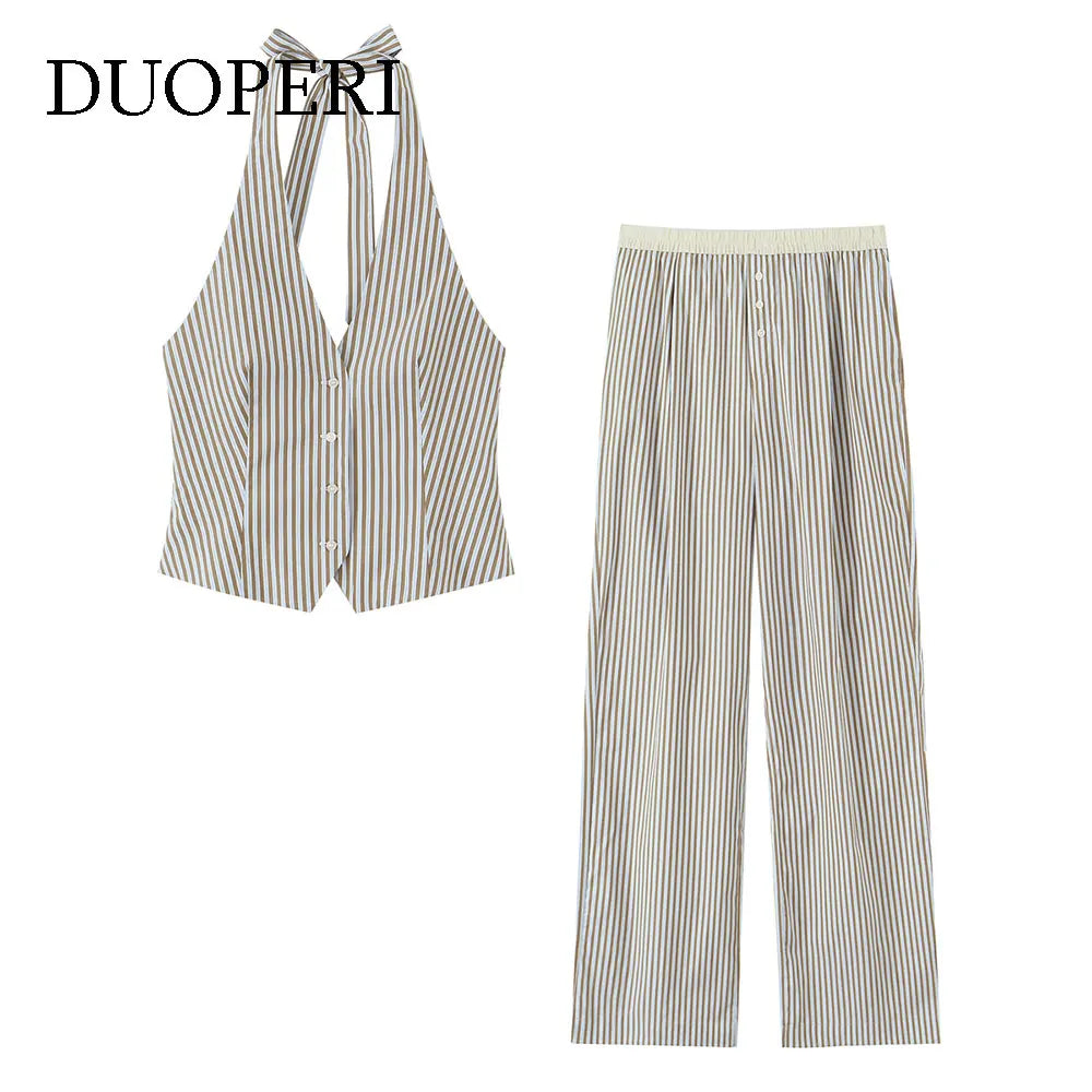 Chic Women Summer Striped Halter Neck Tank Top and Casual Straight Trousers 2 Piece Set for stylish warm-weather outings.