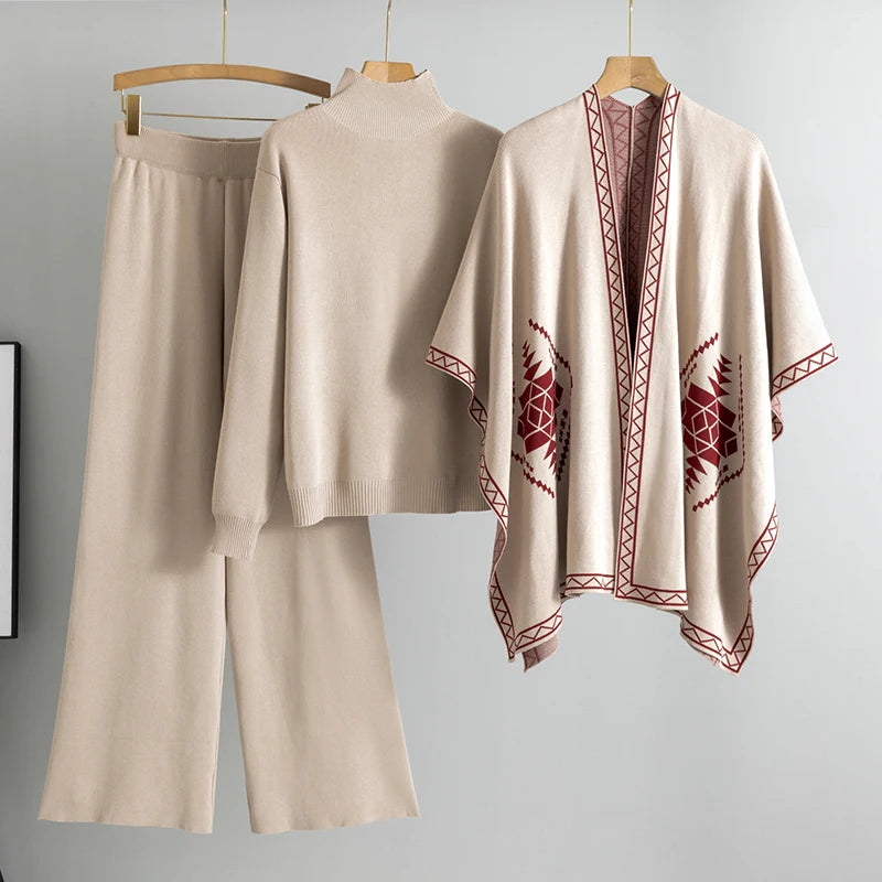Cozy Knit Shawl and Wide Leg Pants Set with Elegant Turtleneck Sweater Women’s 3-Piece Fall Outfit