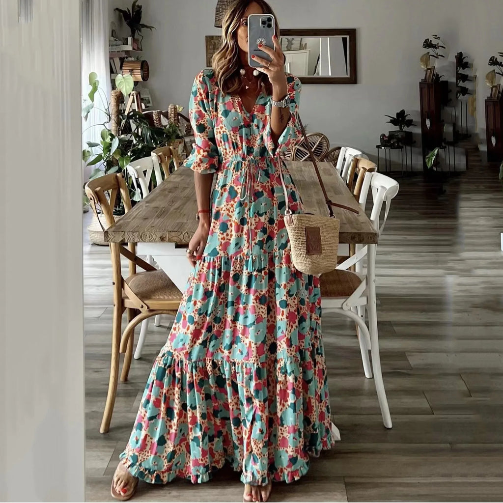 Bright Summer Maxi Dress V Neck Printed For Women Vacation