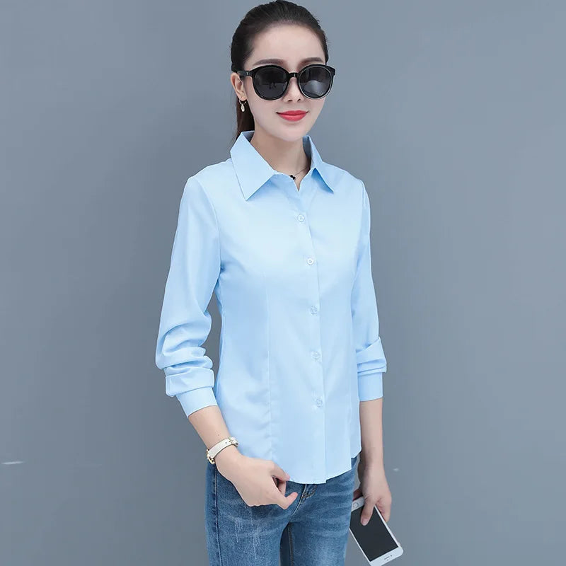 Elevate your office style with this Elegant Slim Fit Blue Long Sleeve Blouse for Women Formal Office Shirt Basic Workwear Top.