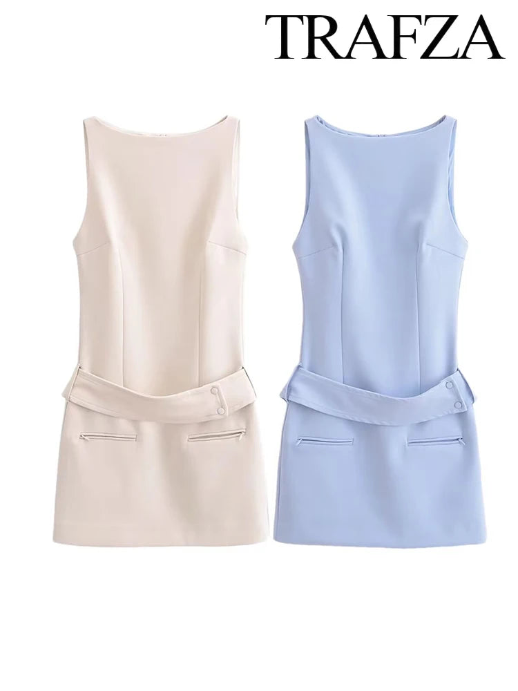 Solid Colour Sleeveless Mini Dress With Belt And Zipper