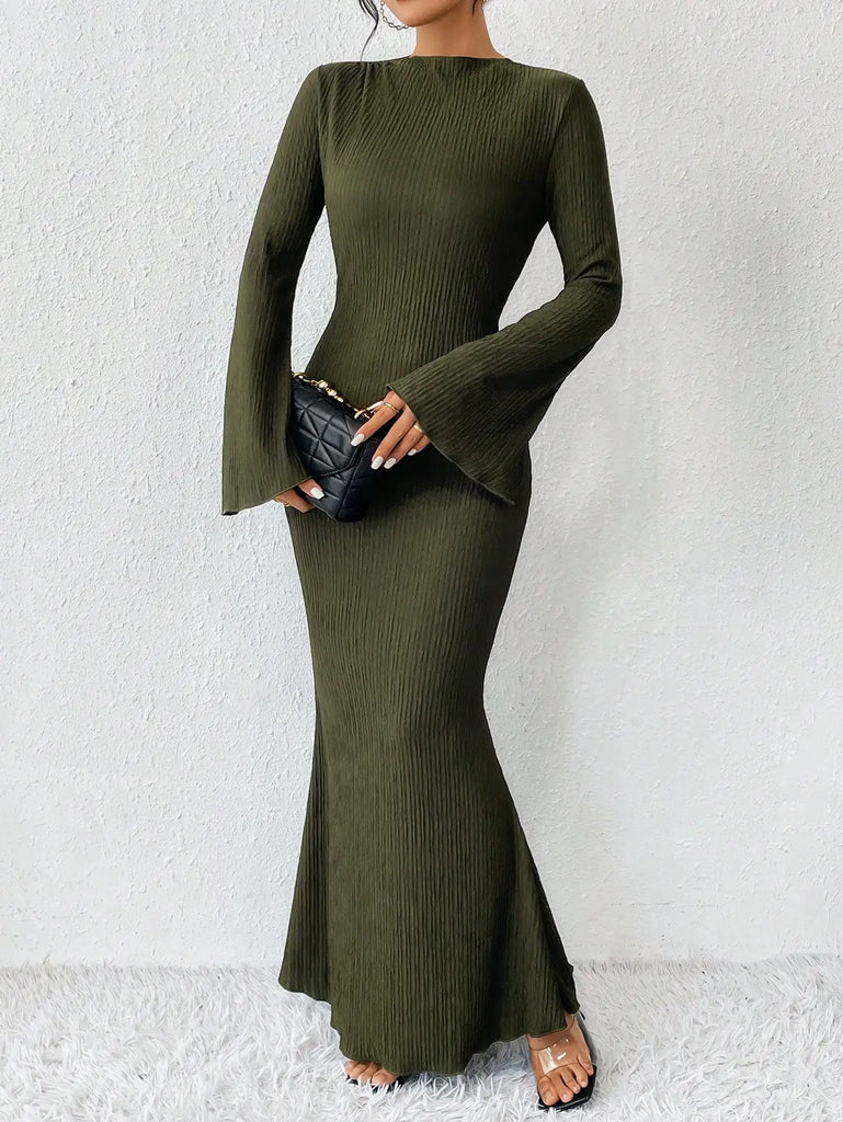 Mermaid Floor Length Dress With Flare Sleeves And Crew Neck
