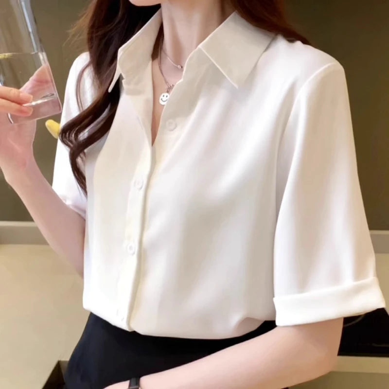 Elevate your style with this Women's Summer Short Sleeve V-Neck Chiffon Blouse Loose Fit Casual Office Pullover Shirt.