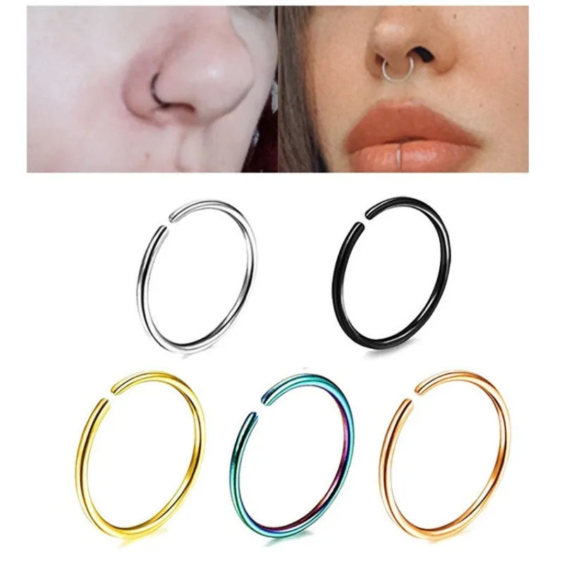 Stylish 20G Thin Fake Septum Nose Ring Set with hoops and labret lip rings for cartilage, tragus, and helix piercings.