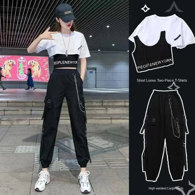 Stylish Hip-Hop Two Piece Set for Women features casual cargo pants and a loose short-sleeved crop top for urban dance.