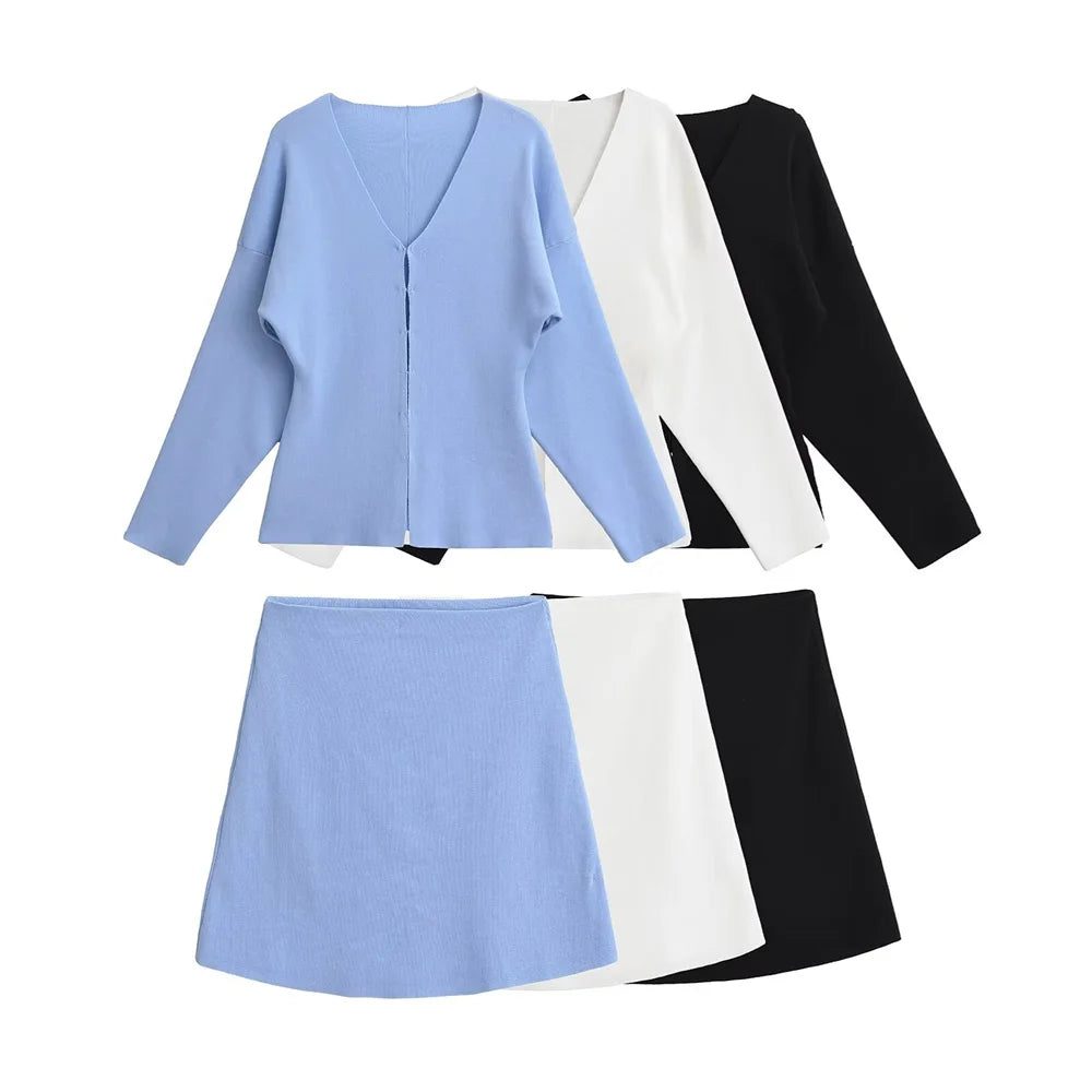 Casual Women Knit Cardigan And Short Skirt Set With V Neck