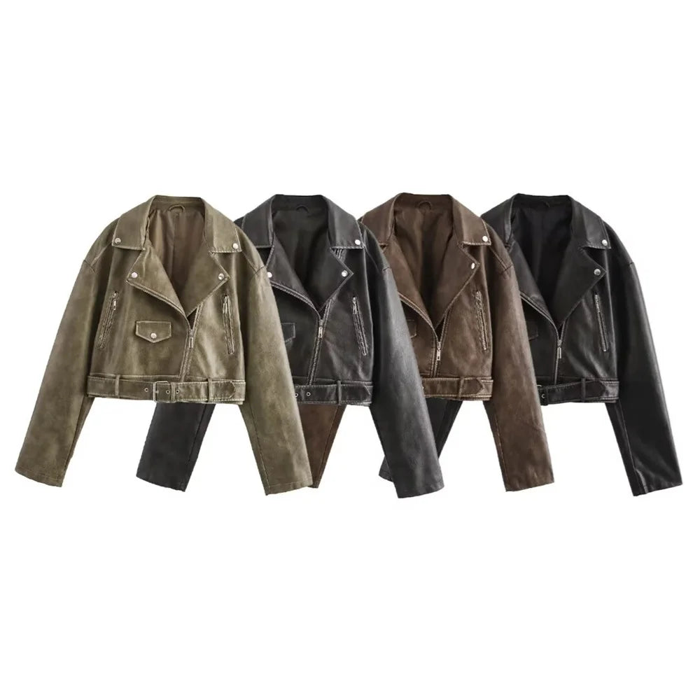Womens Belted Collar Jacket With Long Sleeve Zipper