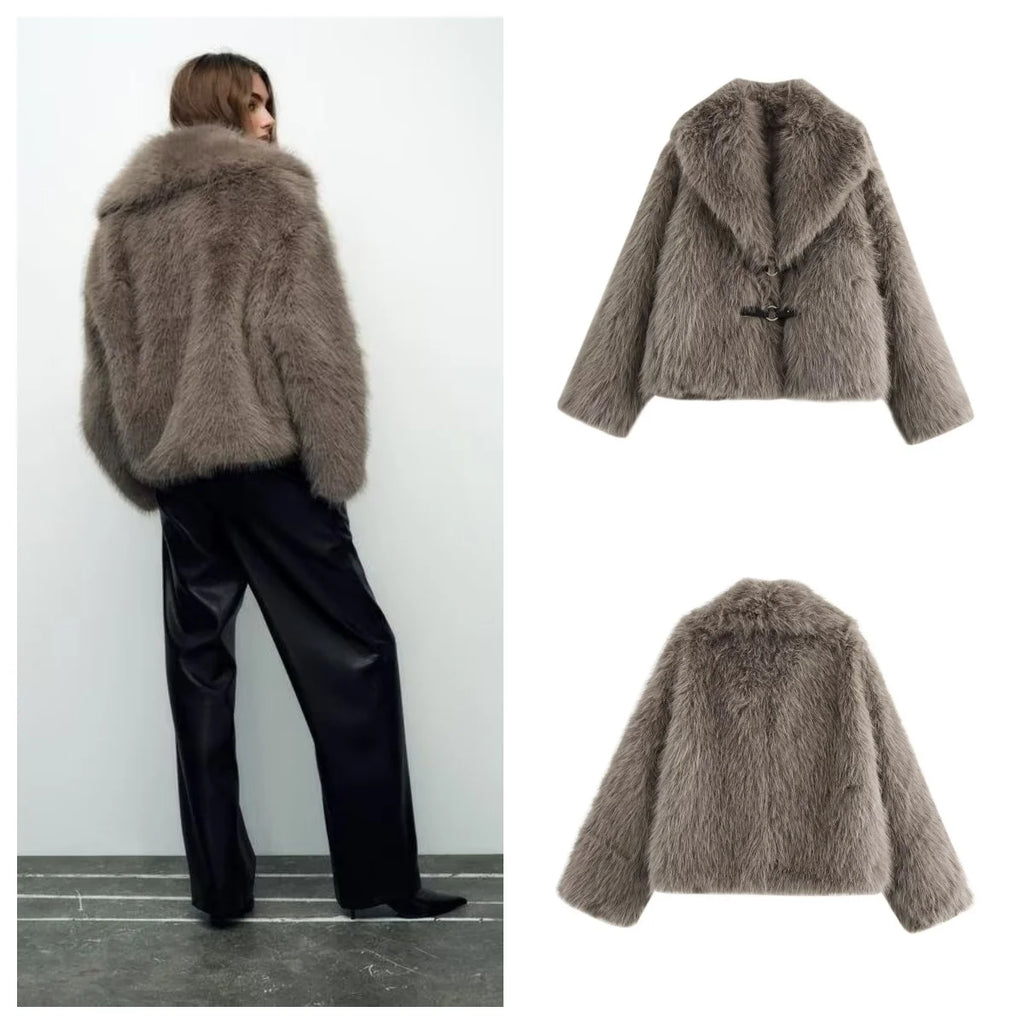 Faux Fur Lapel Jacket Western Style Warm Coat For Women