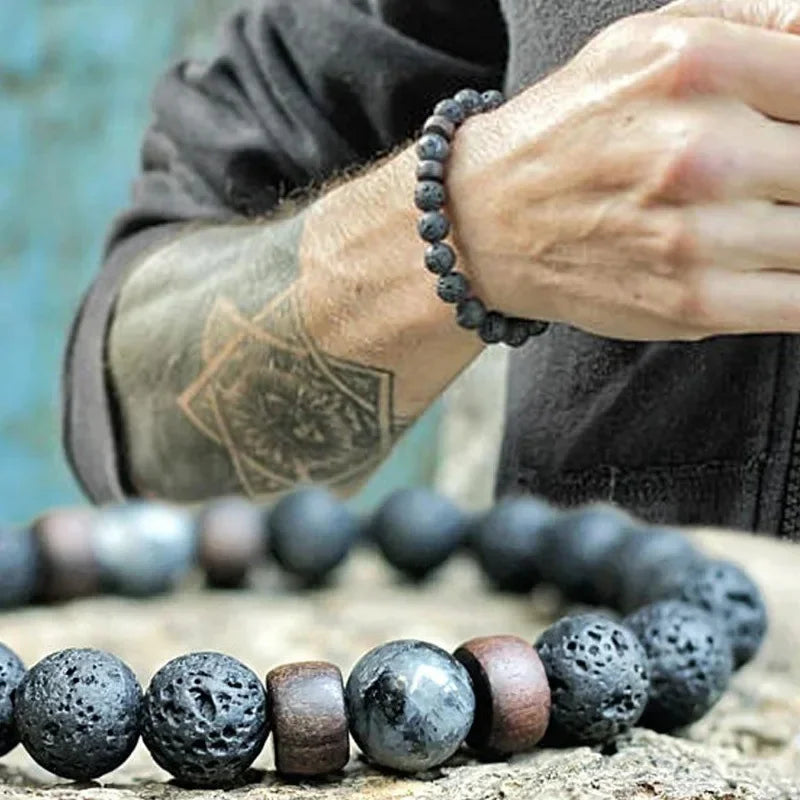 Handmade 8mm Volcanic Stone Lava Bead Bracelet for Men, a Tibetan Buddha wrist chain jewelry for spiritual style.