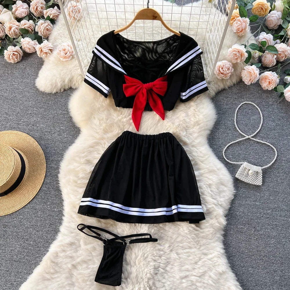 Sweet Sailor Style Sheer Lingerie Set for Women with Short Sleeve Bow Tie Top and Pleated Mini Skirt