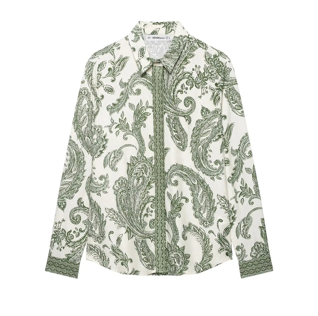 Stylish Women’s Green Paisley Totem Flower Print Business Blouse with Turn-Down Collar for casual and professional wear.