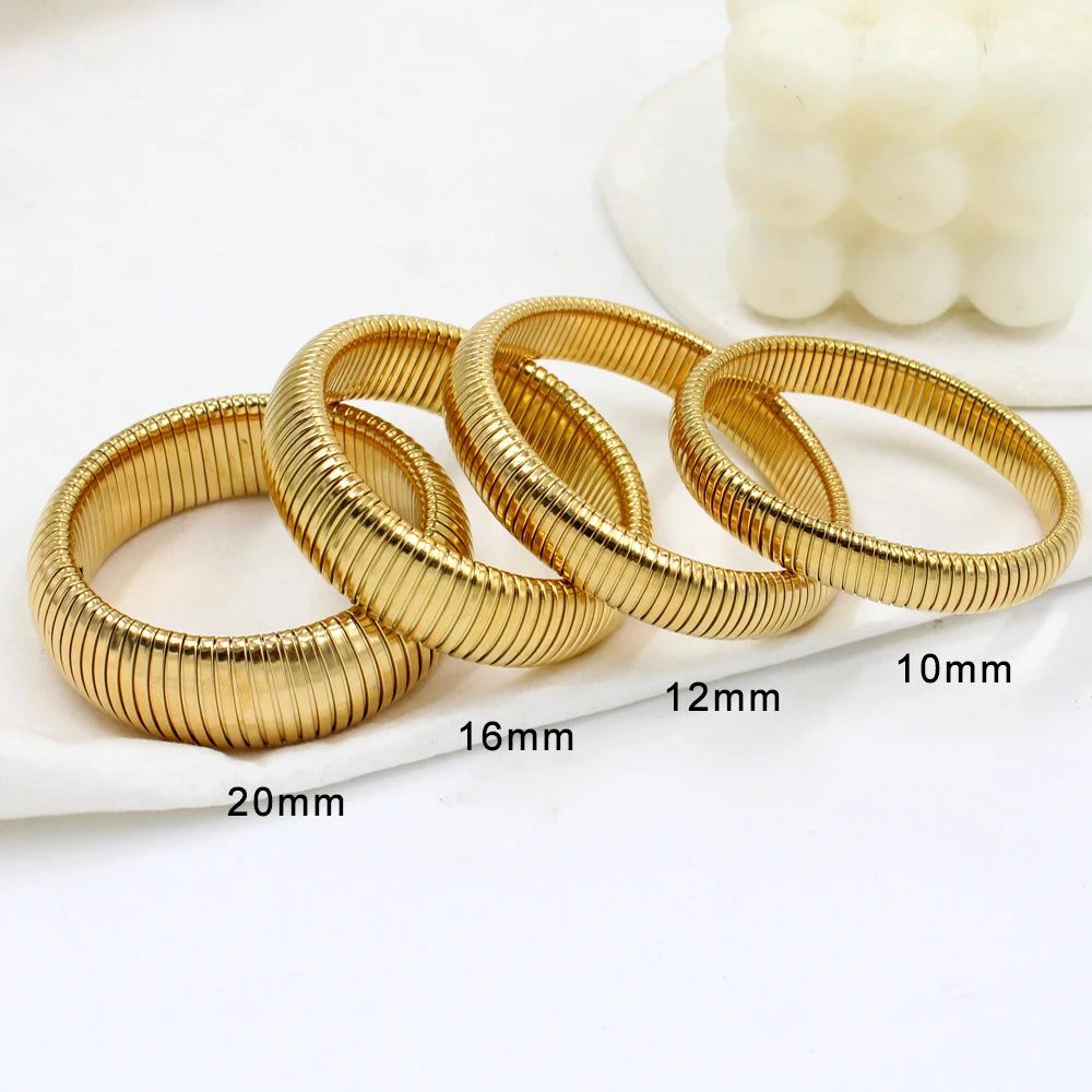 304L Stainless Steel Elastic Bracelet for Women with 18k Gold Plated Charm, stylish wide chunky spiral bangle.