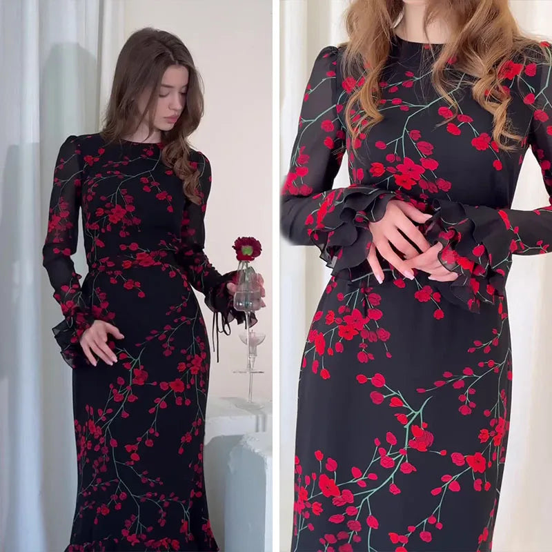 French Floral Printed Evening Dress For Women Slim Fit White