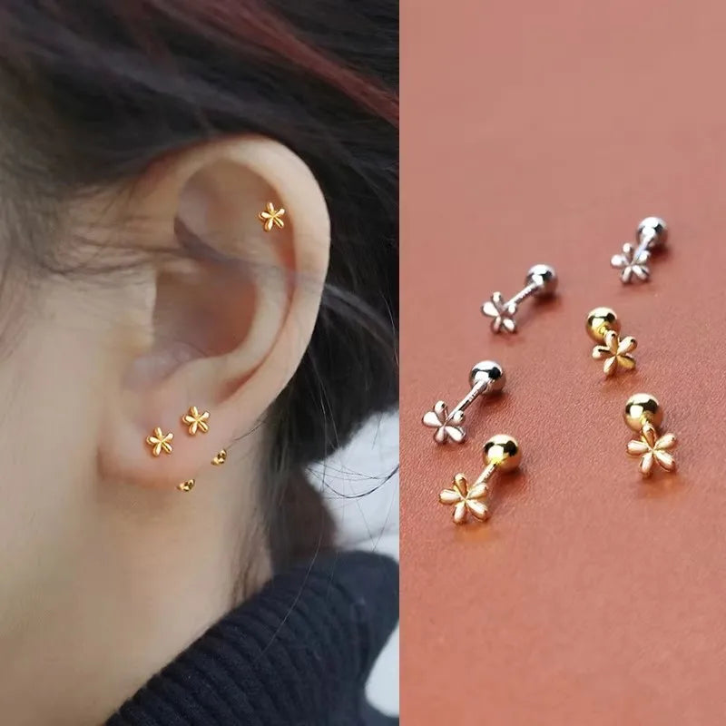 Elegant Simple Stainless Steel Golden Flower Small Stud Earrings for Women with Tiny Screw Back Piercing, perfect for any occasion.
