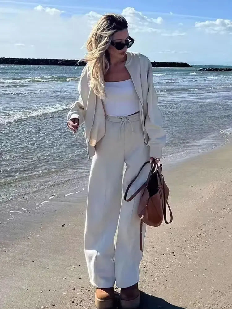 Womens Casual Zipper Bomber Jacket And High Waist Trousers Two Piece Pants Set