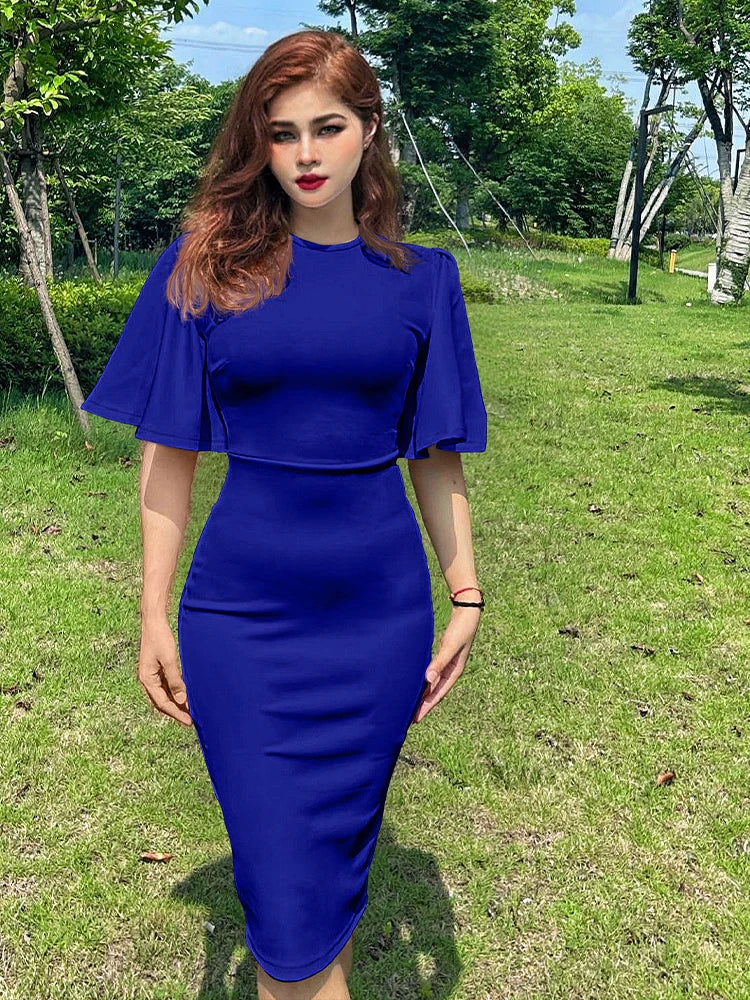 Slim Fit Party Midi Dress For Women Crew Neck Half Sleeve