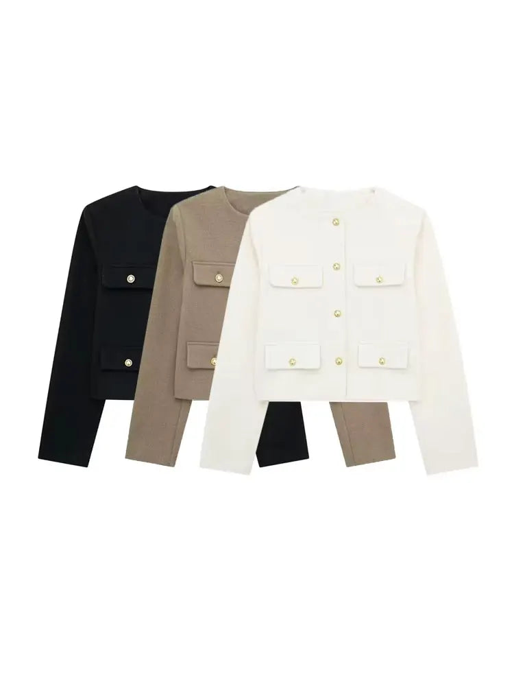 Women's Gold Button Jacket Coat O Neck Long Sleeve
