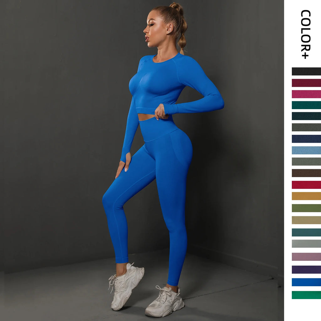 Seamless Gym Set For Women Two Piece With Long Sleeve Top And Bubble Butt Leggings Energy Push Up Running Tracksuit
