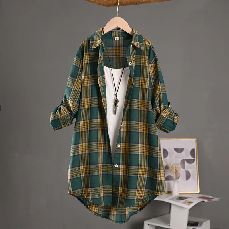 Stylish Women’s Lightweight Cotton Linen Plaid Shirt Mid-Length Loose Jacket with Sun Protection for Spring and Summer.