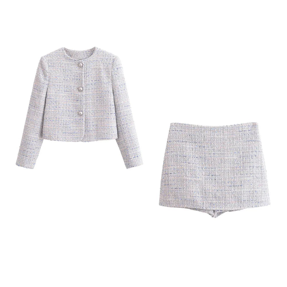 Women's Chic Spring Summer Short Coat and Skirt Pants Set with Versatile Textured Fabric for stylish business and casual wear.
