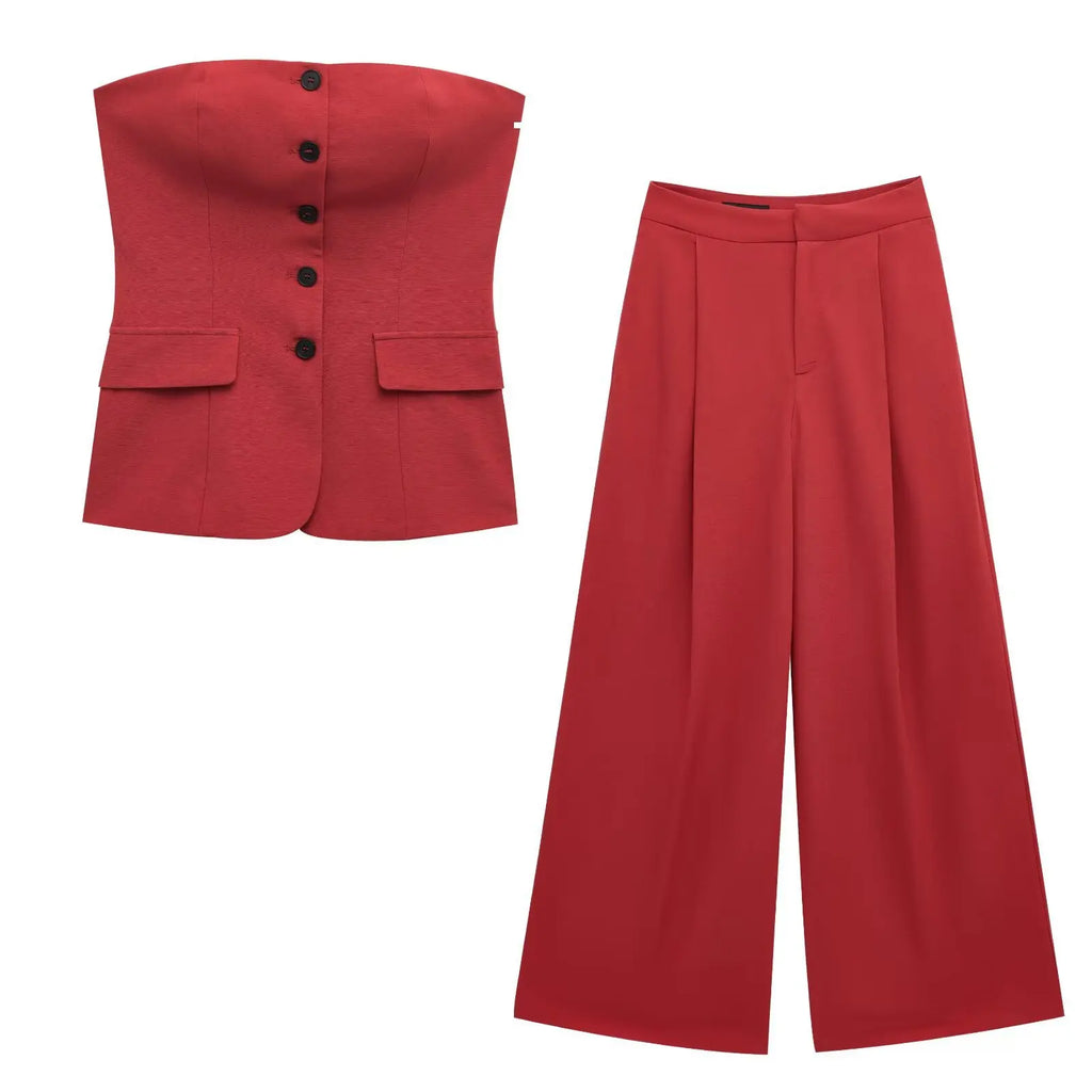 Stylish Women's Slim-Fit Tube Top and High Waist Wide Leg Pants Set for Spring and Summer Fashion in vibrant red.