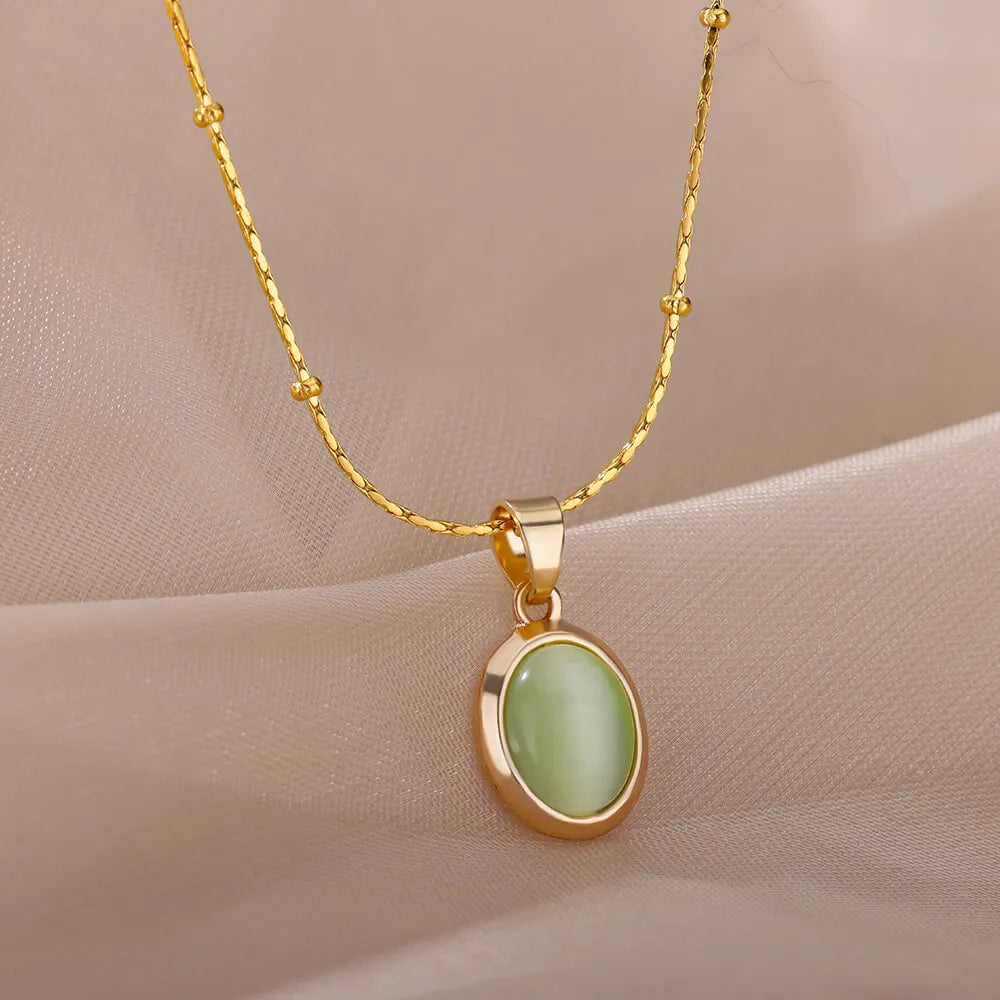 Stunning Gold Color Opal Oval Necklace for Women Stainless Steel Pendant Jewelry Gift, perfect for any occasion.