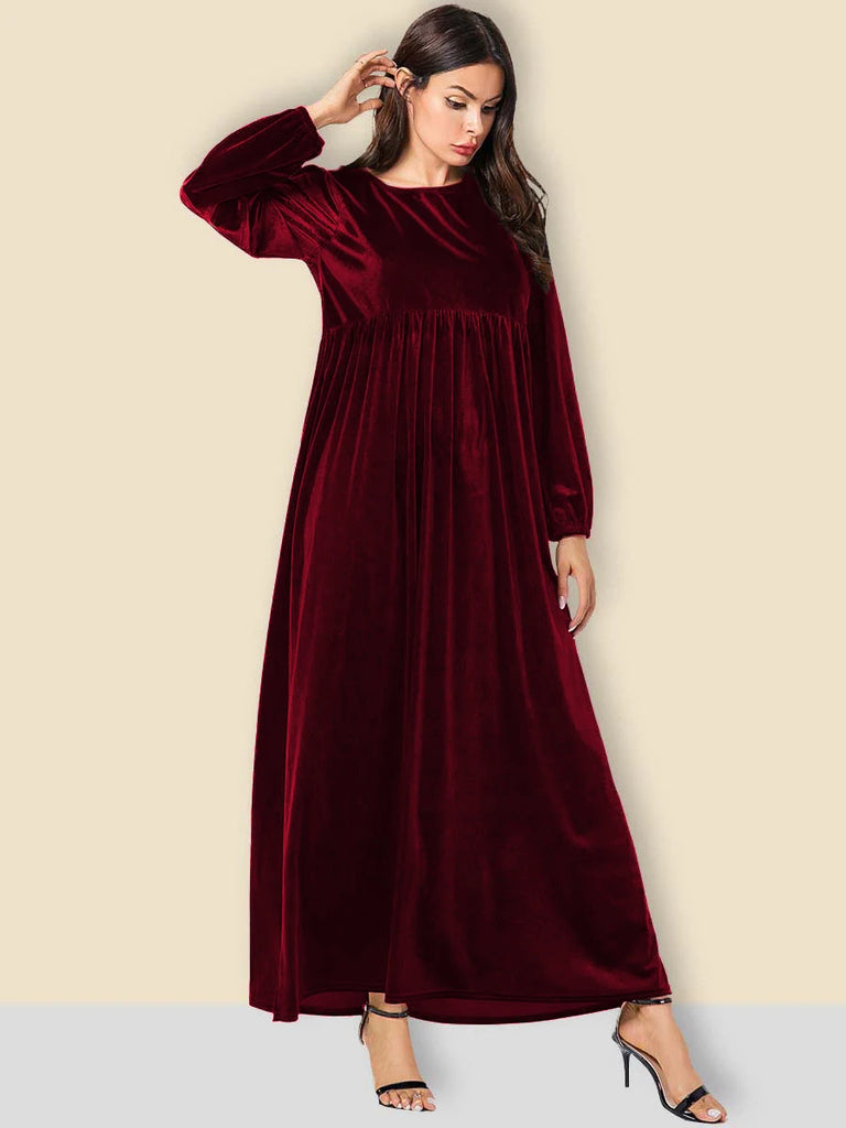 Women Velvet Dress Lantern Sleeves Round Neck Autumn Winter