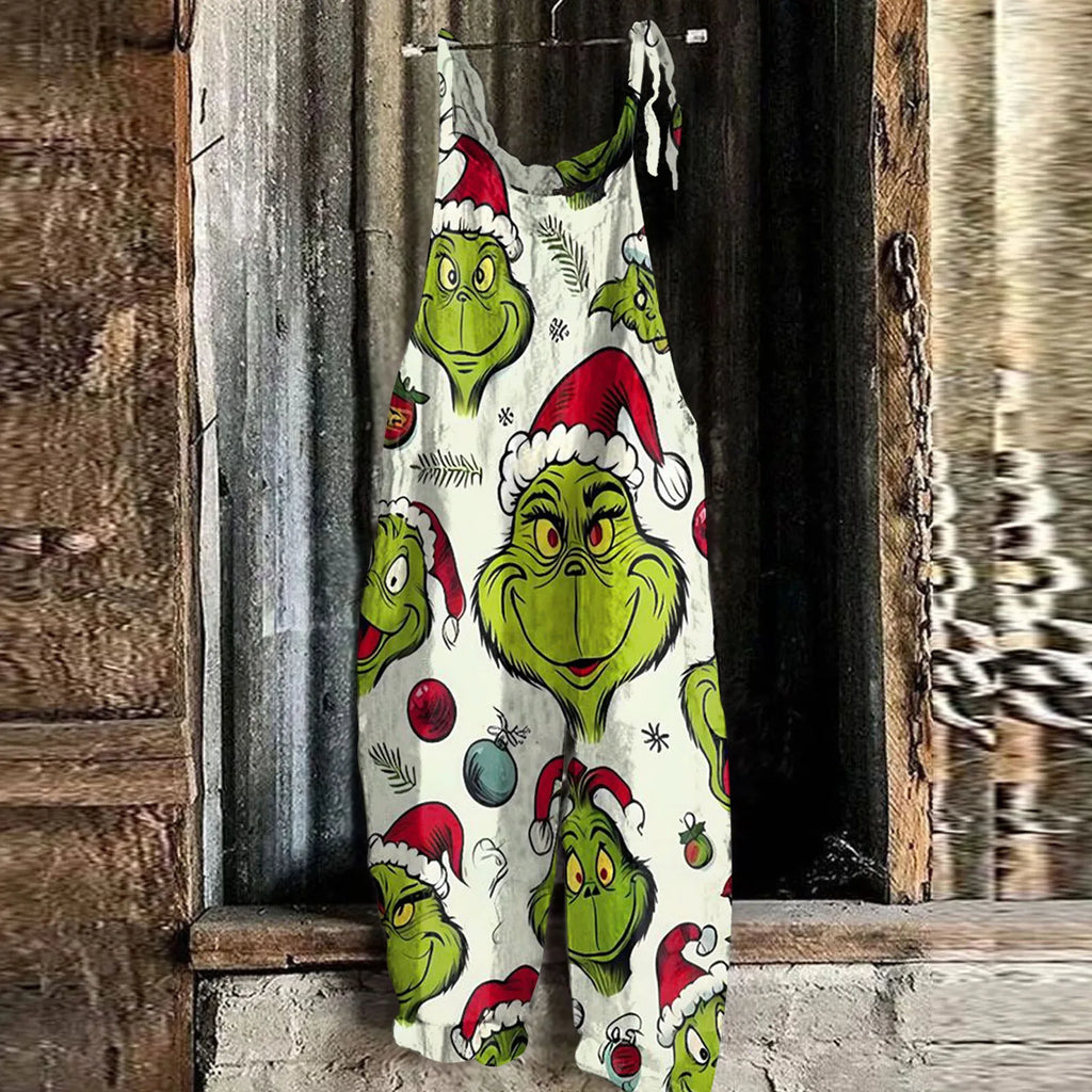 Kawaii Cartoon Print Casual Loose Vintage Strappy Jumpsuit Women’s Fashion Festival Pants with Christmas Theme displayed.