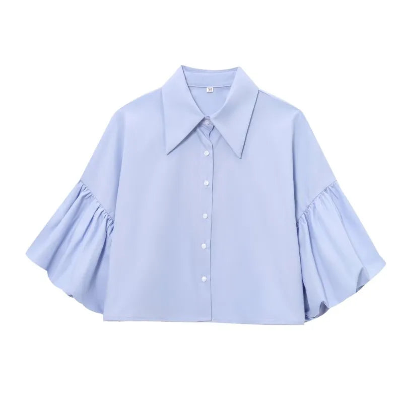 Stylish Women’s Casual Short Shirt with Puff Sleeves Button Front Loose Blouse Chic Spring Top by HipSeam in light blue.