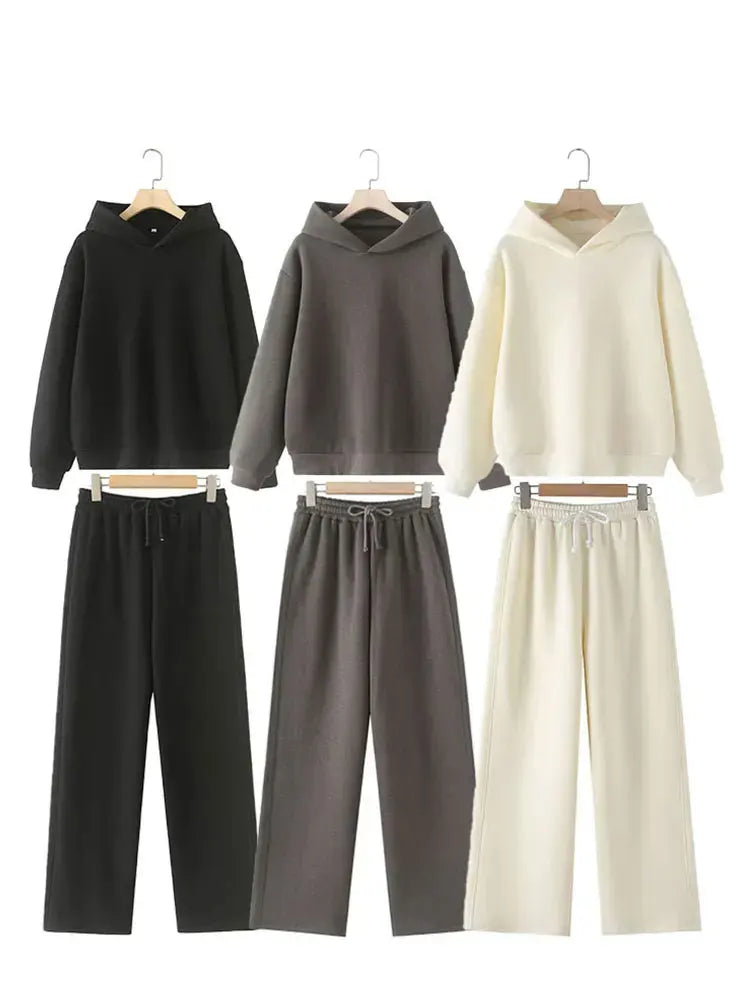 Women's Hoodie Set With Lace Up Wide Leg Pants Elastic Waist Two Piece Autumn Outfit For Casual Wear