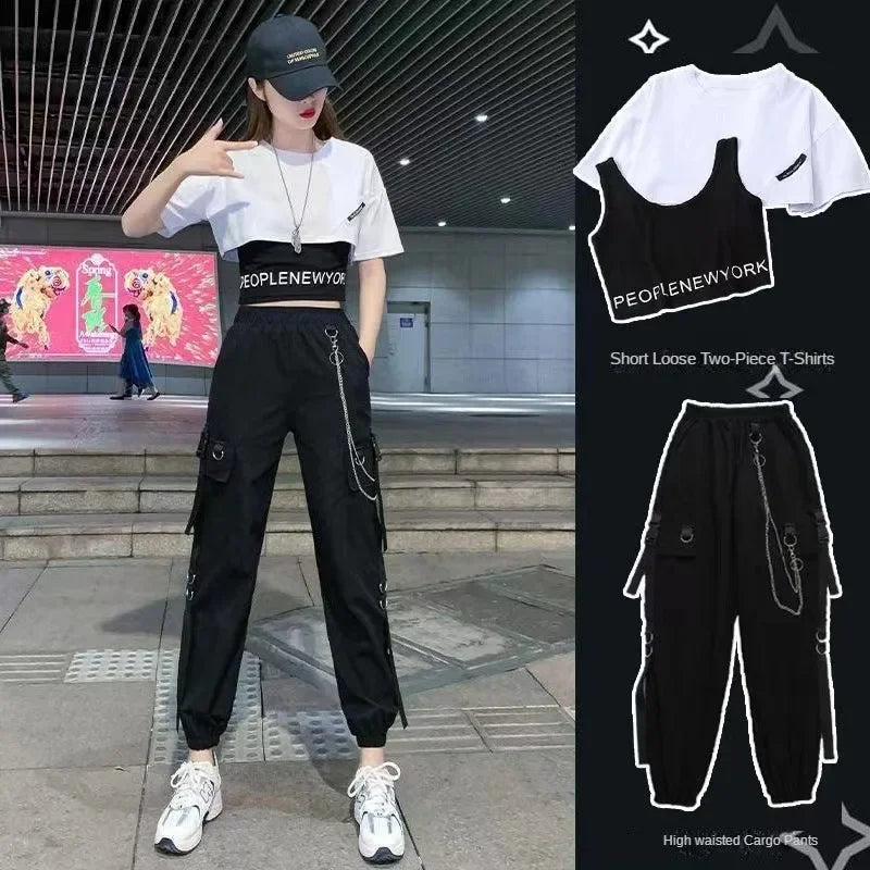 Explore the Women’s Casual Two-Piece Set Loose White Short Sleeve T-Shirt and Black Cargo Pants Comfortable Summer Outfit.
