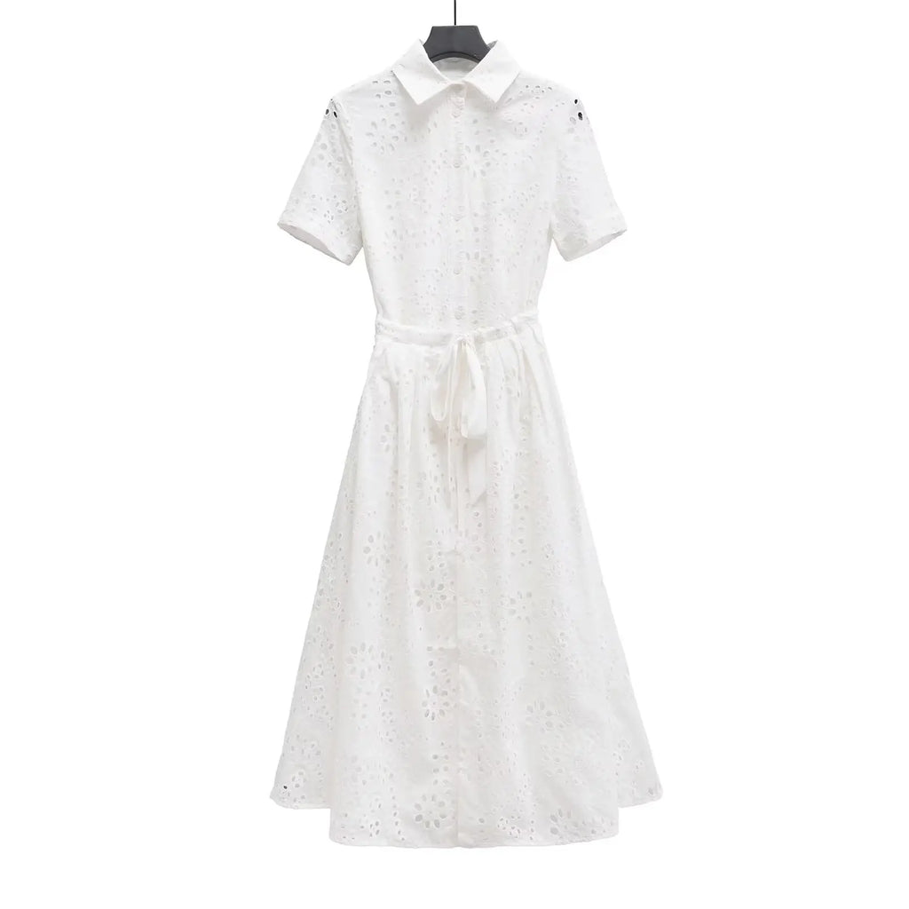 Elegant Eyelet Midi Dress With Belt Tie Short Sleeve