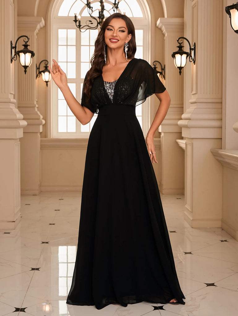 Backless Sequin Batwing Sleeve Chiffon Dress Patchwork