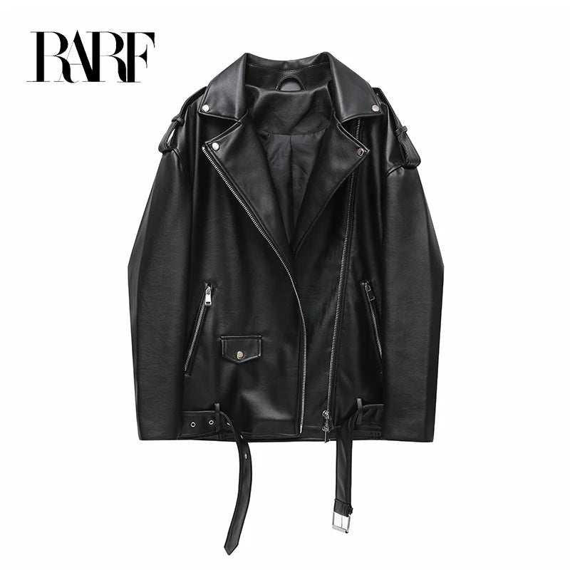 Womens Black PU Leather Motorcycle Jacket Loose Fit