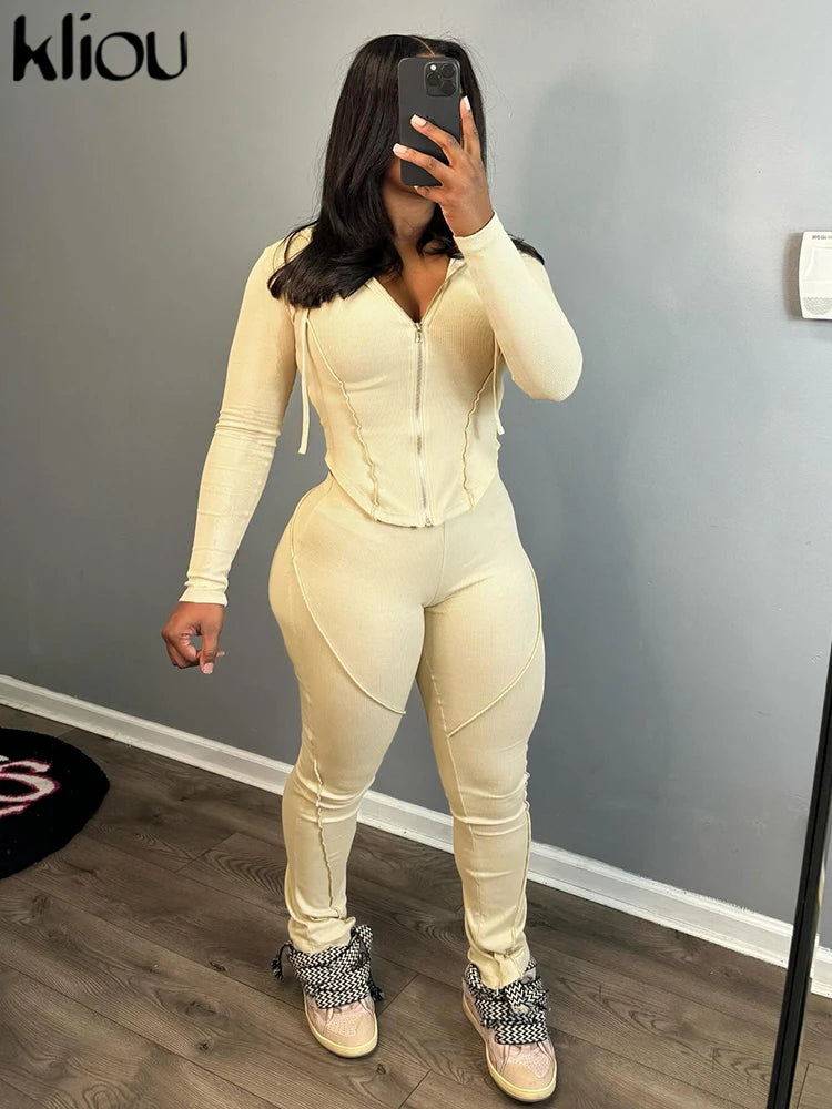 Casual Sporty Women’s Two-Piece Set Featuring Irregular Full Sleeve Zip-Up Hoodie and Slim Elastic Pants Matching Activewear