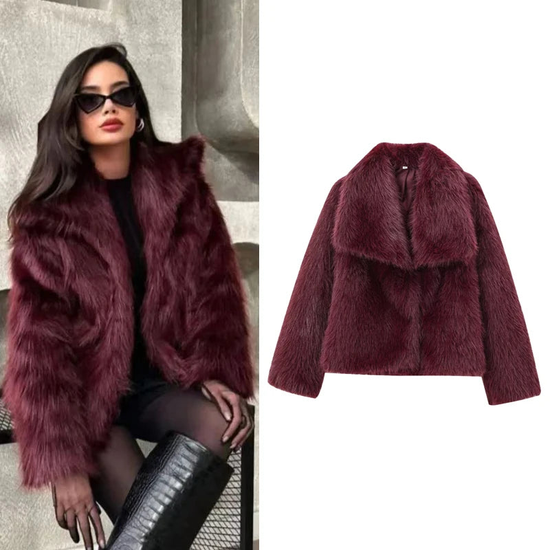 Womens Burgundy Fur Coat Bomber Jacket Plush Warm Coat