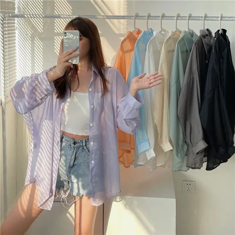 Casual and stylish, this Women's Chiffon Long Sleeve Blouse Loose Fit Thin Cardigan is perfect for any occasion.