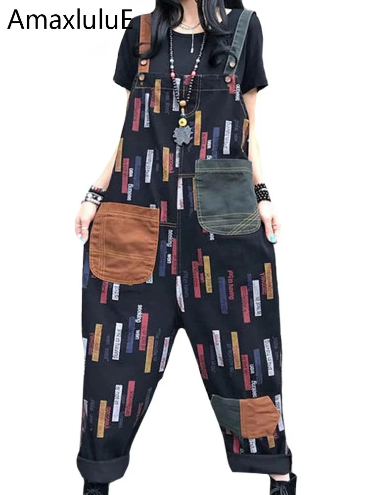 Vintage Loose Striped Denim Overalls For Women Casual Pants