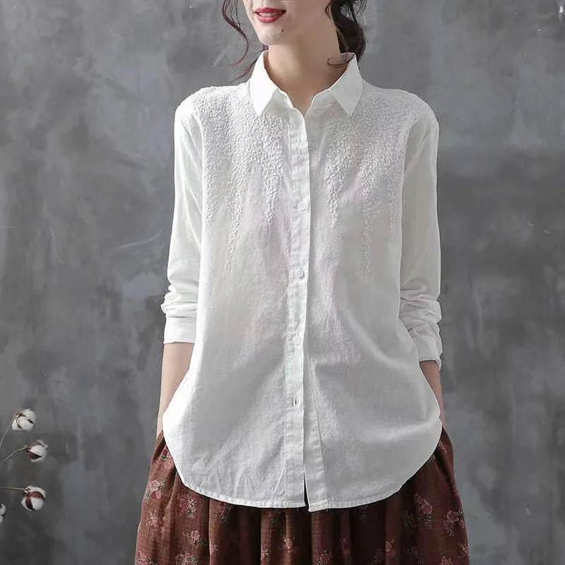 Cotton White Embroidered Long Sleeve Women’s Shirt with Lapel Collar and Button Detail, perfect for casual everyday wear.