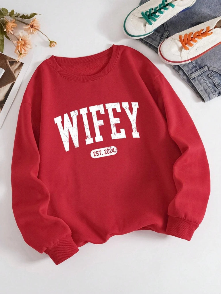 Casual Womens Hoodie Sweatshirt With Wifey Letter Print
