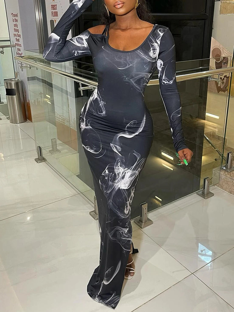 Women's Long Sleeve Printed Mesh Midi Dress Round Neck