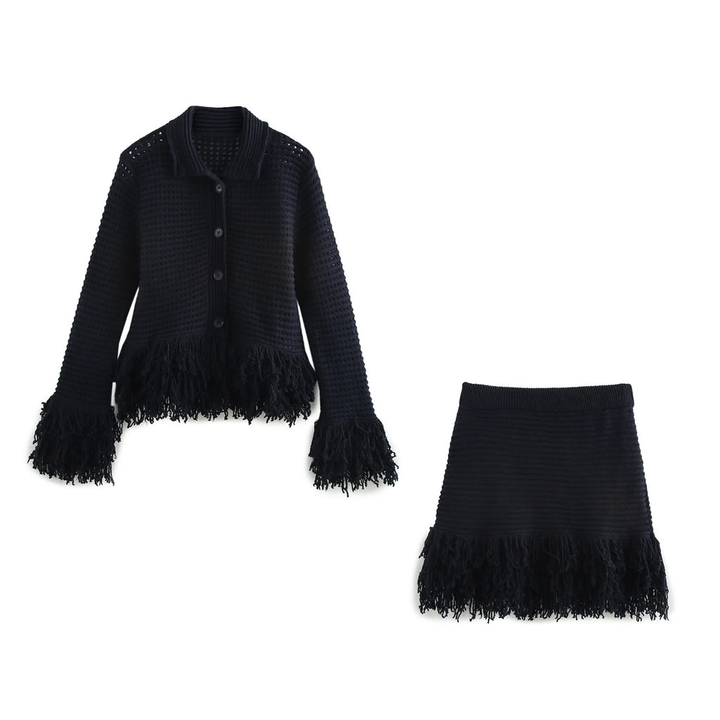 Women’s Spring Tassel Plaid Lapel Knitted Jacket with Long Sleeves and High Waisted Knitted Skirt Set