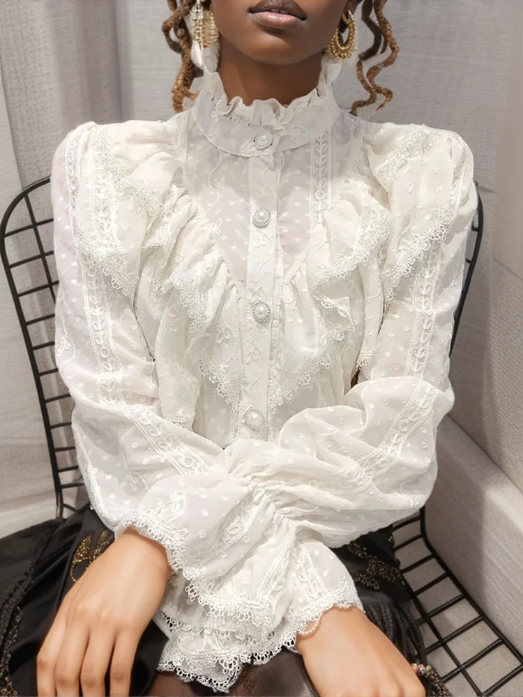 Elegant Women Long Sleeve Loose Button Shirt with Stand Collar Pleated Design Ruffle Lace Blouse, perfect for spring fashion.