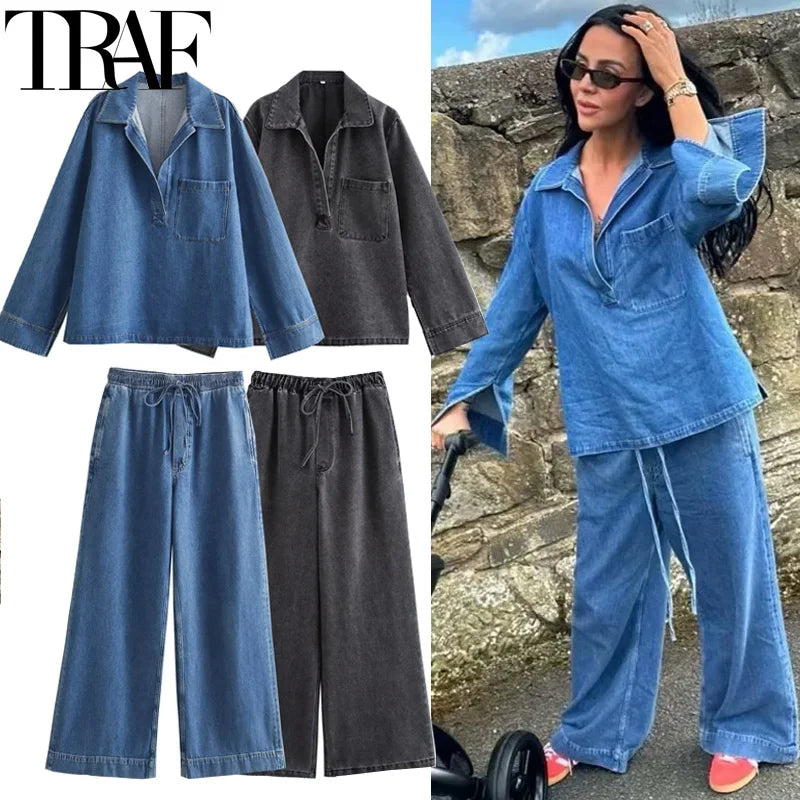 Stylish Blue Oversized Shirt and Wide Baggy Denim Pants Two-Piece Set Casual Autumn Jean Outfit for Women by TRAF.