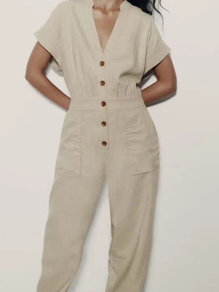 Stylish Summer Casual V Neck Sleeveless Linen Blend Jumpsuit Straight Long Holiday Style, perfect for warm-weather outings.