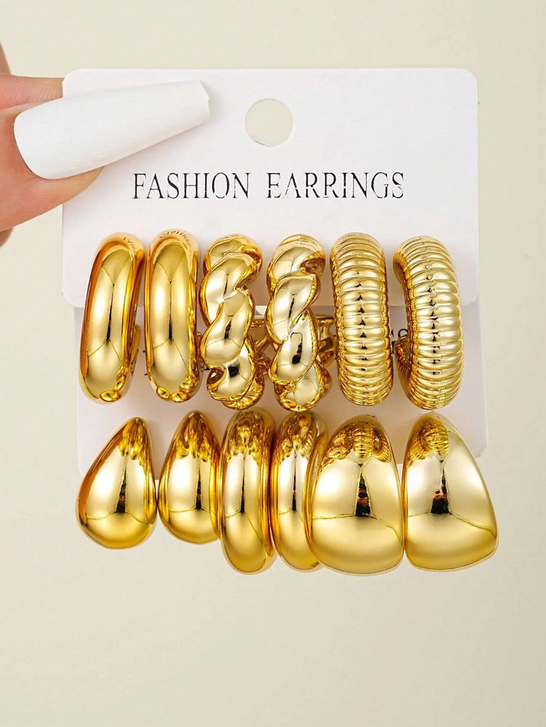 Elegant 12pcs Set Classic Twist C Shape Tear Drop Design Women's Gold Color Earrings for Daily Wear and Party Outfits.