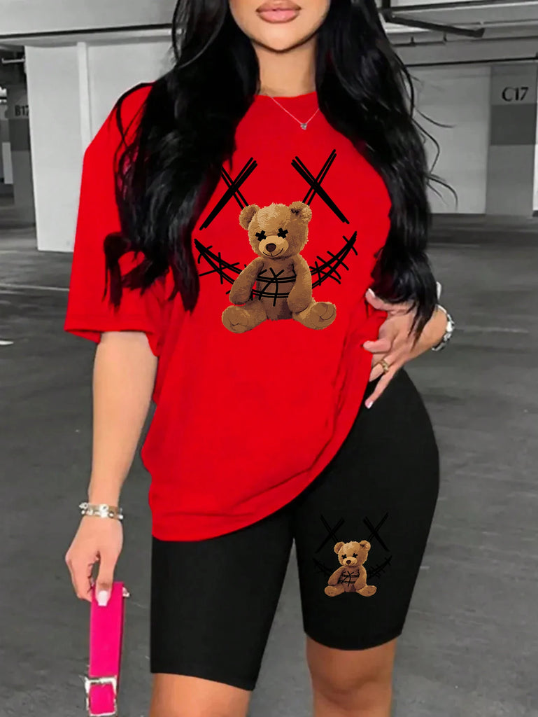 Trendy Smiling Face Plush Bear Print Womens Short Sleeve T-Shirt and Soft Polyester Shorts Two Piece Casual Set.